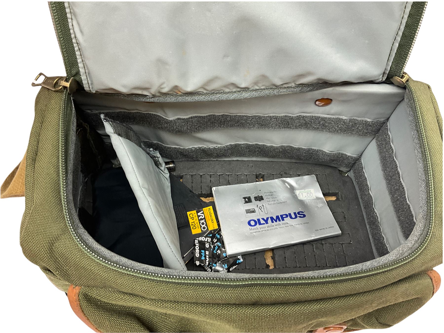 Zenza Bronica S2A medium format camera body, with Nikkor-P '1:2.8 f-75mm' lens, Zenza Bronica Zenzanon MC '1:3.5 f-150mm lens, Zenza Bronica Tele-Converter-E 2x, and two additional film cases. in a Billingham camera bag