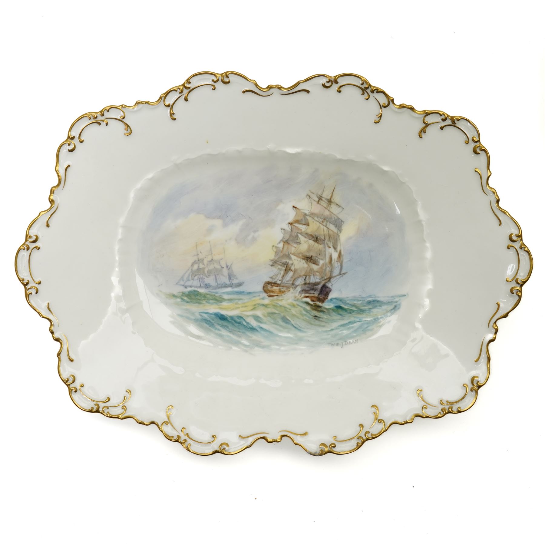 Royal Worcester Elizabeth Vase, H21cm; together with a Royal Crown Derby rectangular serving dish, painted with a shipping scene by WEJ Dean, W28cm, a Davenport plate painted with St Michaels Mount, D24cm, and a Minton plate painted with fruit by F Walklett, D23cm (4)