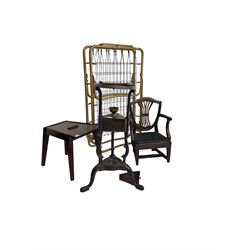 George III mahogany Hepplewhite design child's high chair (H99cm); George III mahogany wash-stand (H79cm); Victorian two tier what-not; folding sprung bed base (4)