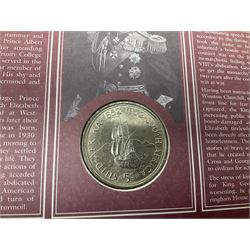 Eight coin covers including, 'Her Majesty Queen Elizabeth II 70th Birthday' containing a 1996 Canadian one ounce silver coin, three coin covers commemorating the 21st Birthday of HRH Prince William each containing a silver coin, '1895 1952 A Tribute to HM King George VI' containing a South Africa 1952 five shilling coin, 'The Notting Hill Carnival' containing a 1998 fifty pence etc (8)