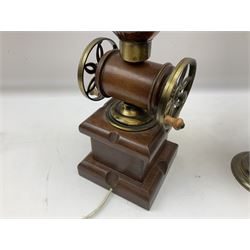 Table lamp and shade in the form of a vintage coffee grinder, together with a converted oil lamp, tallest example H94cm 