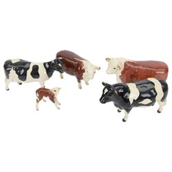 Five Beswick cattle figures, comprising Hereford family; Bull, model 1363, Cow, model 1360 and Calf, model 1827, Friesian Bull Ch. Coddington Hilt Bar, model 1439 and Friesian Cow Ch. Claybury Leegwater, model 1362  