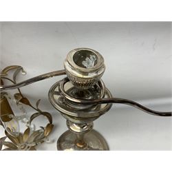 Two silver plate candelabras, together with two glass decanters, necklace and other collectables 