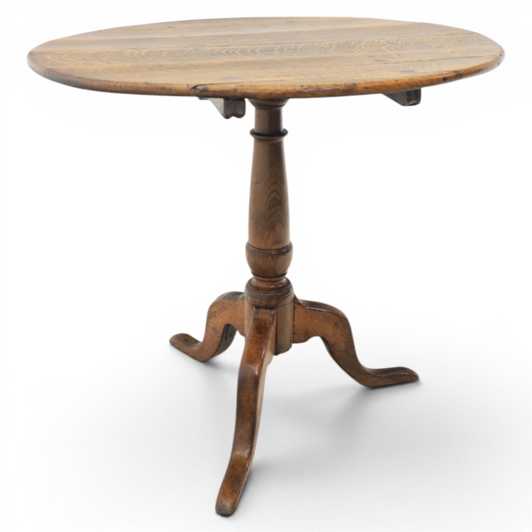Georgian oak tripod table, plank top with visible dowels with turned baluster column, raised on cabriole supports