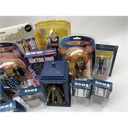Dr. Who - eight predominantly unopened carded and blister packed action figures including 1st, 4th, 11th, 12th & 13th Doctors and Weeping Angel by Character Options Ltd.; boxed Light & Sound cloth Dalek; further set of six boxed figures; unboxed Tardis with Doctor figure; two unboxed figures; and unopened 2021 calendar.