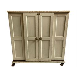 Victorian painted pine huffer or plate warmer, two sliding panelled doors enclosing shelves, panelled sides with wrought metal carrying handles, on metal and wooden castors