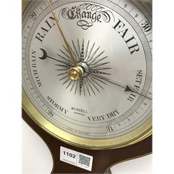  George lll style mahogany aneroid wheel barometer, by Russell of Norwich, with two silvered dials, H69cm   