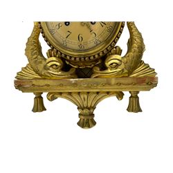 20th century - continental 8-day wall hanging Cartel clock in a carved and gilded wooden case, with a painted metal dial, Arabic numerals, minute track, five minute Arabic's and pierced gilt hands, two train spring driven movement, striking the hours and half-hours on a bell. No pendulum.