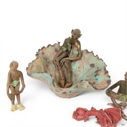 Joan Bideau dish, modelled as a leaf with seated goblin figure, together with three others  and studio pottery dragon by Jane Tudor