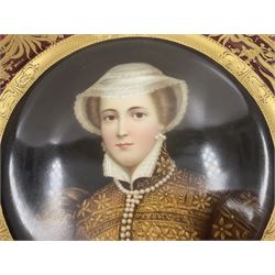 Set of three late 19th century Vienna cabinet plates, each finely painted with a quarter length portrait depicting a female beauty to include Louise of Mecklenburg-Strelitz and Mary Queen of Scots, all within burnished gilt urn and floral borders on alternating brown and red ground, all signed Wagner and with underglazed blue beehive and impressed marks and entitled Königin Louise, La Pensée and Marie Stuart beneath, D24cm