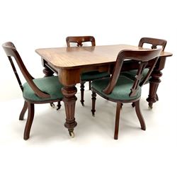 Victorian mahogany extending dining table, turned tapering supports on castors (W141cm, H76cm, D91cm) and set four upholstered dining chairs, shaped splat back, turned supports and castors (49cm)