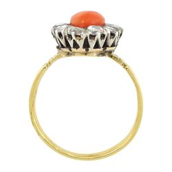 Early 20th century 18ct gold and silver coral and diamond cluster ring, single  cabochon cut coral, surrounded by ten rose cut diamond stones 