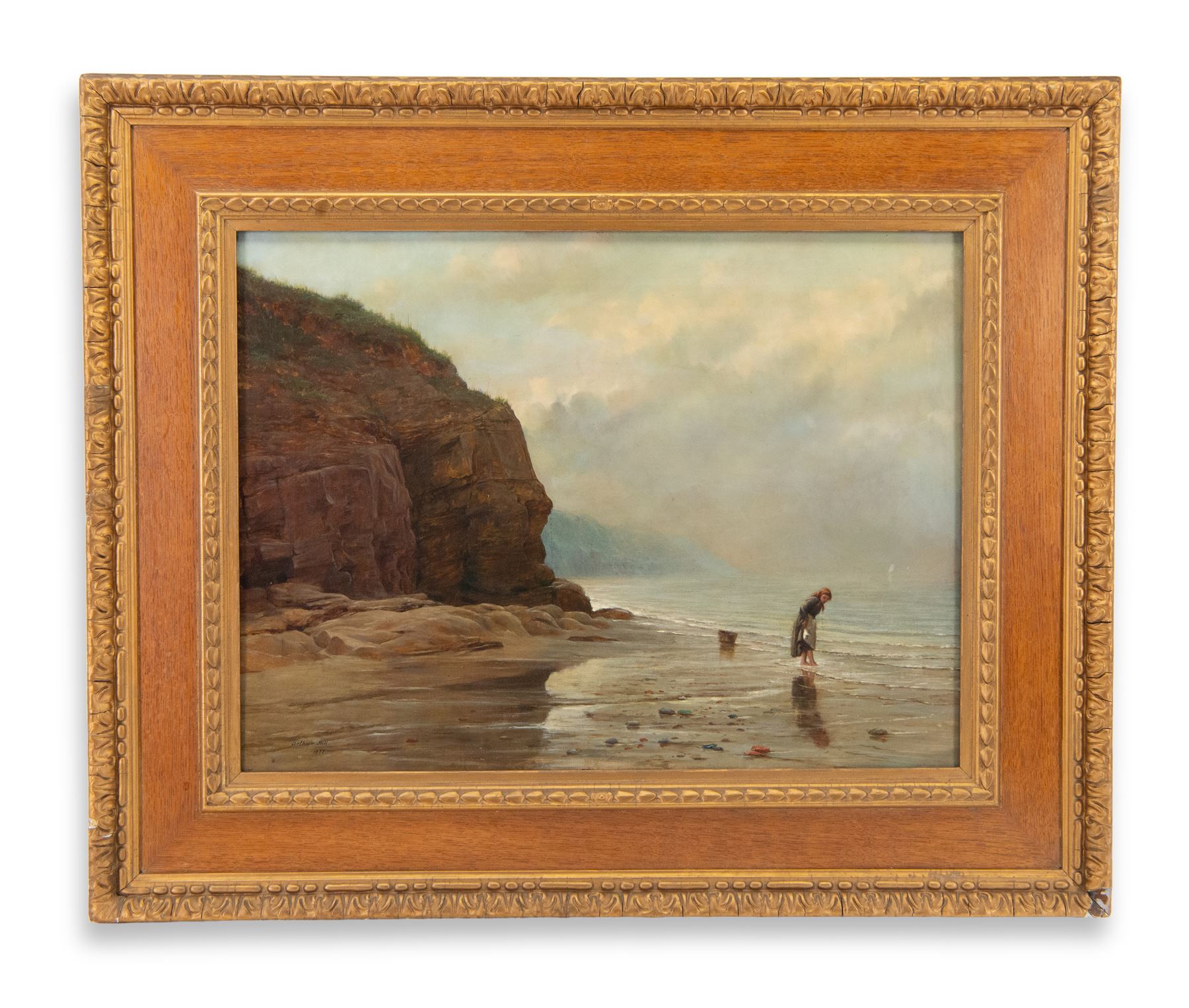 Arthur Hill (British 1841-1908): 'The Bathing Rock - Whitby', oil on canvas signed and dated 1877, original title label verso 44.5cm x 60cm 