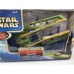Star wars - Attack of the Clones - Jango Fett Slave 1; Obi-Wan Kenobi's Jedi Starfighter; Reek Arena Battle Beast; Acklay Arena Battle Beast; two x Anakin Skywalker Speeder; and Zam Wesell Speeder; all in sealed boxes (7)