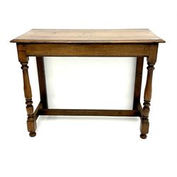 Late 19th century oak side table, baluster supports joined by stretcher 