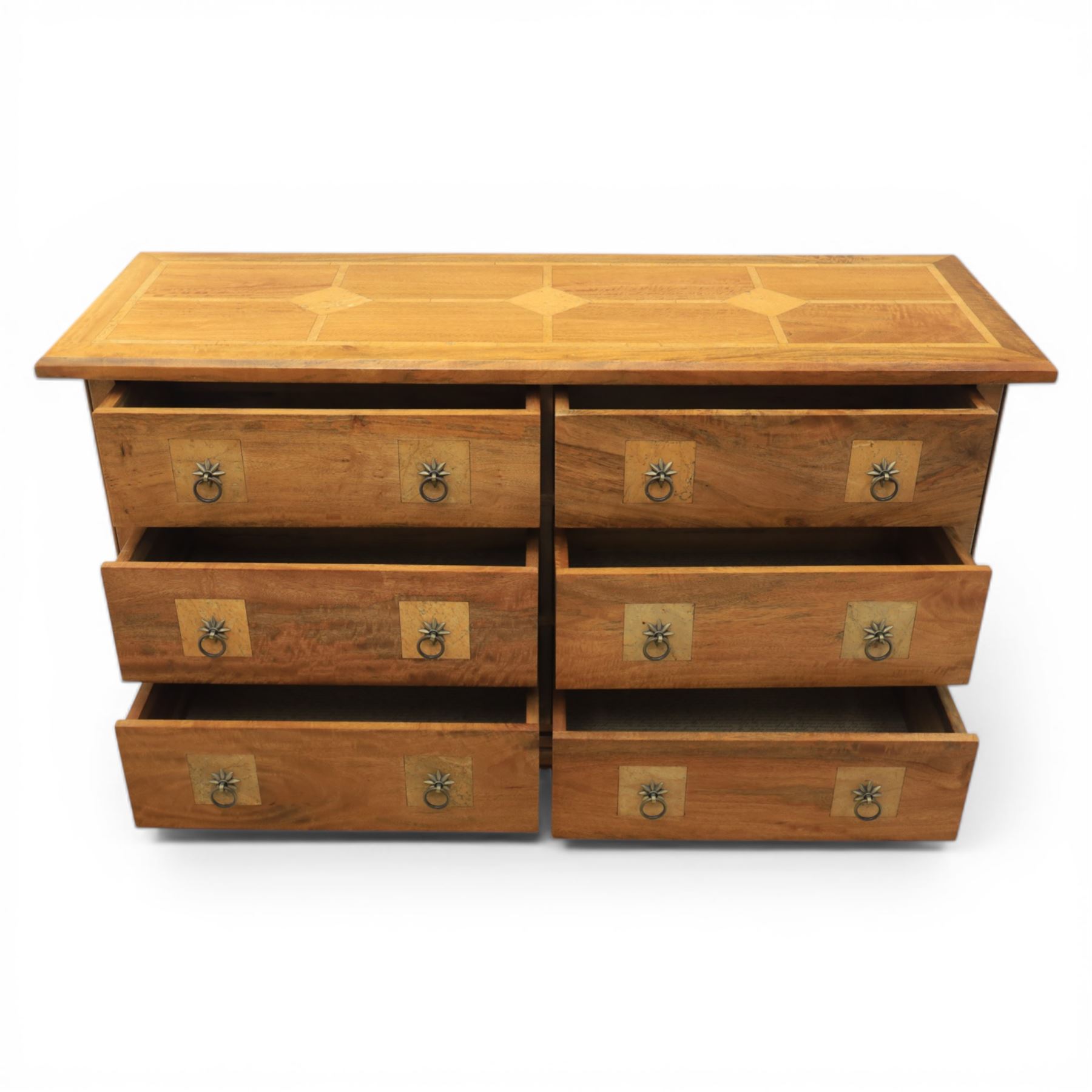 Barker & Stonehouse - 'Flagstone' chest of drawers, rectangular top made of solid mango wood with stone travertine inserts, above six short drawers applied with stone and metal ring pulls with star detail, raised on a shaped bracket base