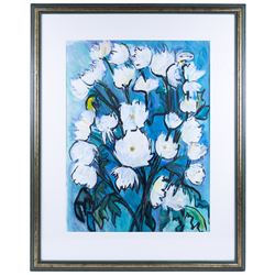 Clodagh McGuinness (Irish Contemporary): Still Life of Flowers, three large mixed media works variously signed, two 70cm x 52cm, smaller example 54cm x 40cm (3)