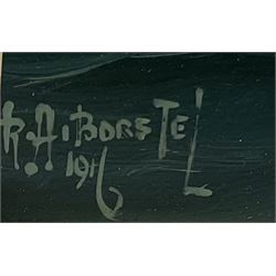 Reginald Arthur Borstel (Australian 1875-1922): Sailing Ship's Portrait 'Milverton', oil on board signed titled and dated 1916, historical info. verso 28cm x 42cm
Notes: the Windjammer Milverton was built by Oswald Mordaunt & Co of Southampton for a Liverpool firm, in British ownership till 1914, at the time of painting in the Australian ownership of 'Laidlaw & Harkis, 64 Union St., Pyrmont, Sydney, NSW' 