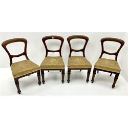 Set of four balloon back mahogany dining chairs, upholstered in pale gold floral fabric, rear shaped and front turned supports 