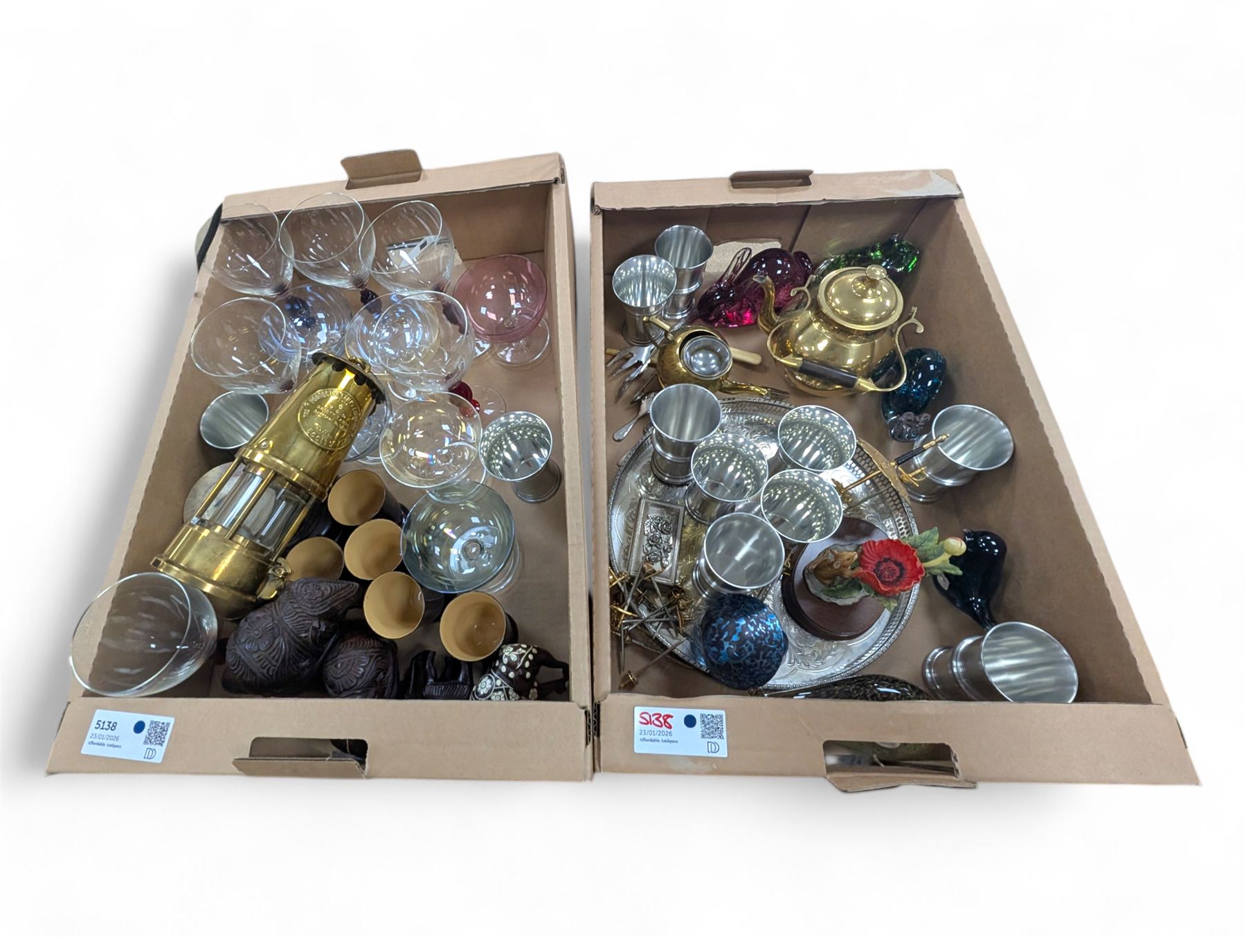 Five Wedgewood glass animals, iridescent mushroom paperweight, Type 6 Eccles brass safety lamp and a collection of metalware, glassware etc