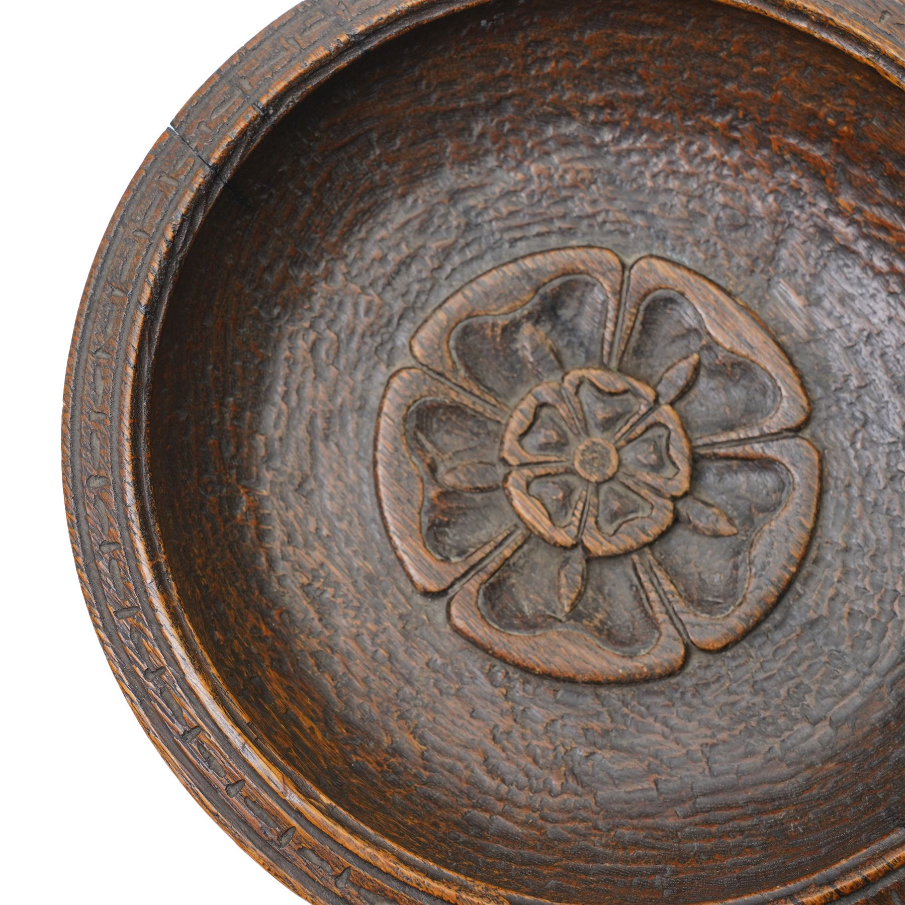 Carved bowl with central Yorkshire Rose motif, with white metal plaque, D25cm; and a similar turned bowl with white metal plaque, D22cm (2)