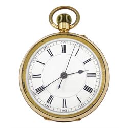 Victorian gold-plated open face keyless lever chronograph pocket watch, white enamel dial with Roman numerals