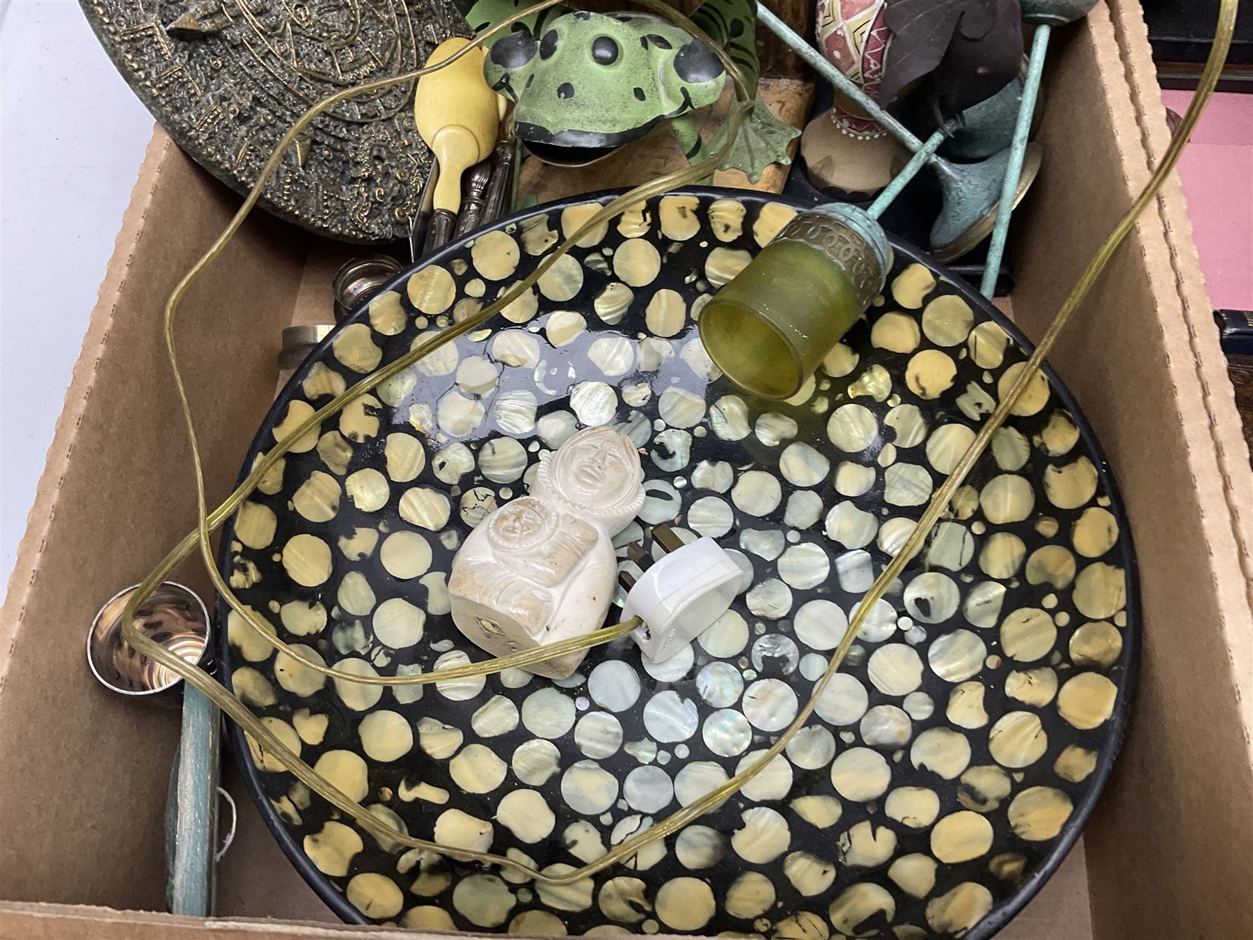 20th century Postilion brass and agate carriage clock with bevelled glass panel, H13cm, Peugeot Freres coffee grinder, silver-plate, figures, quantity of vinyl records, four The Works of William Shakespeare pub Odhams Press, brass lamp etc in three boxes