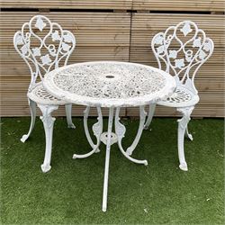 Victorian design - white painted cast aluminium garden table and two chairs - THIS LOT IS TO BE COLLECTED BY APPOINTMENT FROM DUGGLEBY STORAGE, GREAT HILL, EASTFIELD, SCARBOROUGH, YO11 3TX