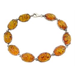 Silver Baltic amber link bracelet, stamped 925