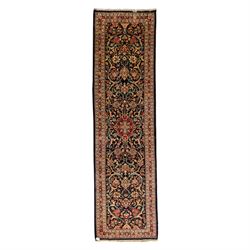 North West Persian Hamadan hand-knotted runner, deep navy field with central stylized meda...