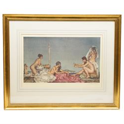 Sir William Russell Flint (Scottish 1880-1969): 'The Silver Mirror' 'Three Girls' and 'Janelle and the Volume of Treasures', three limited edition colour prints numbered in pencil with blind-stamp, the former signed in pencil max 40cm x 53cm (3)