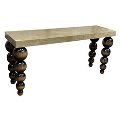 Bramley - contemporary Italian design Tivoli console table, marble top inset with gold crystals, supported by four stacked wooden supports in an antic brown lacquered finish