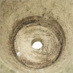 Cotswold Studios - set of three cast stone garden planters, comprising a rectangular trough with rose decoration (H 18cm, D 21cm, W 61cm) and two round pots with stylised floral and ropework borders (H 24cm, D 34cm)