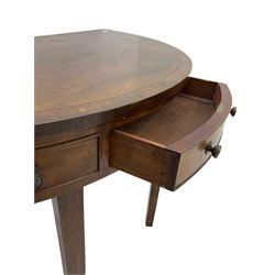 19th century mahogany demi-lune side console table, crossbanded top, fitted with single drawer and two false drawers