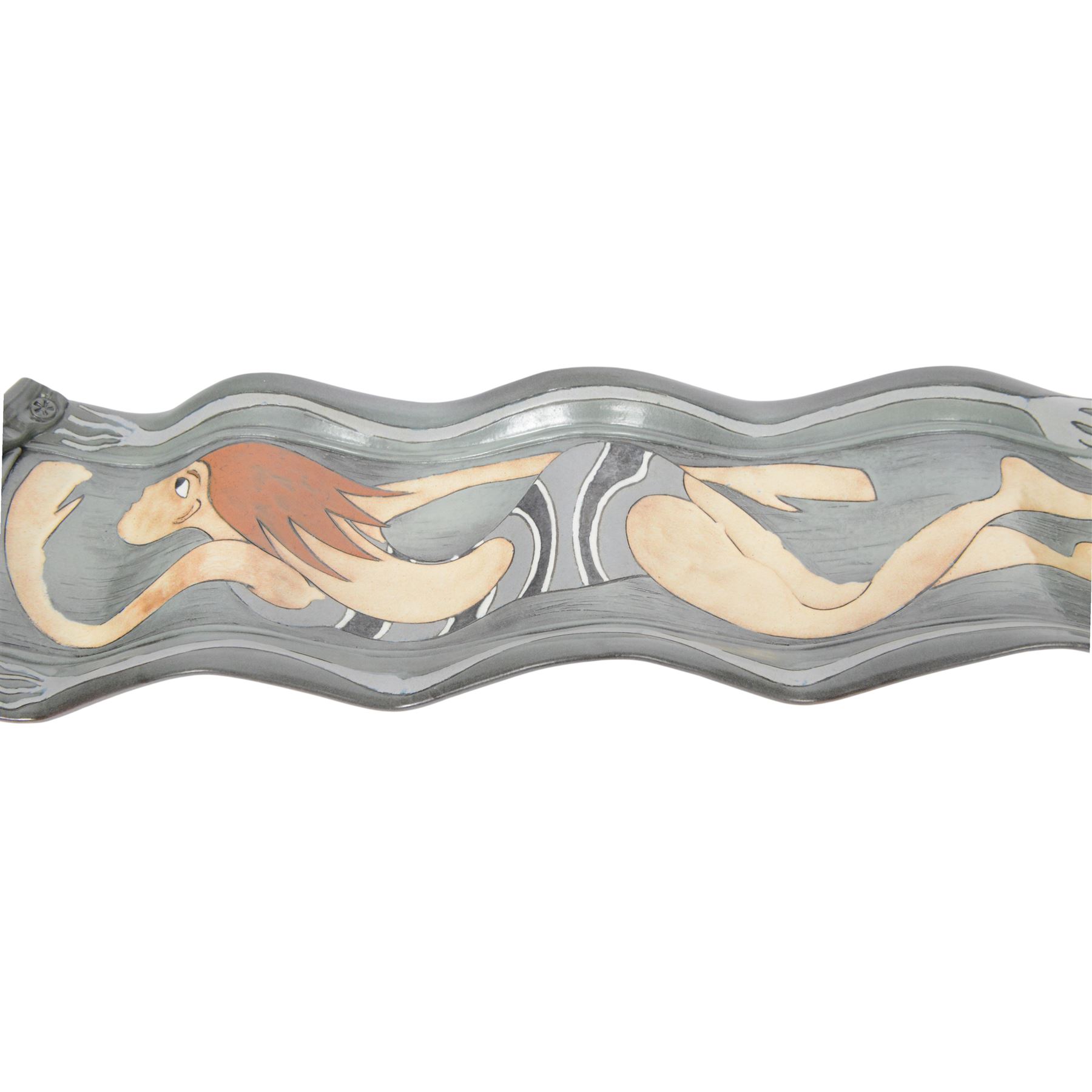 Studio pottery twin handled platter, of waved form, decorated with a female swimmer, L84cm, D22cm