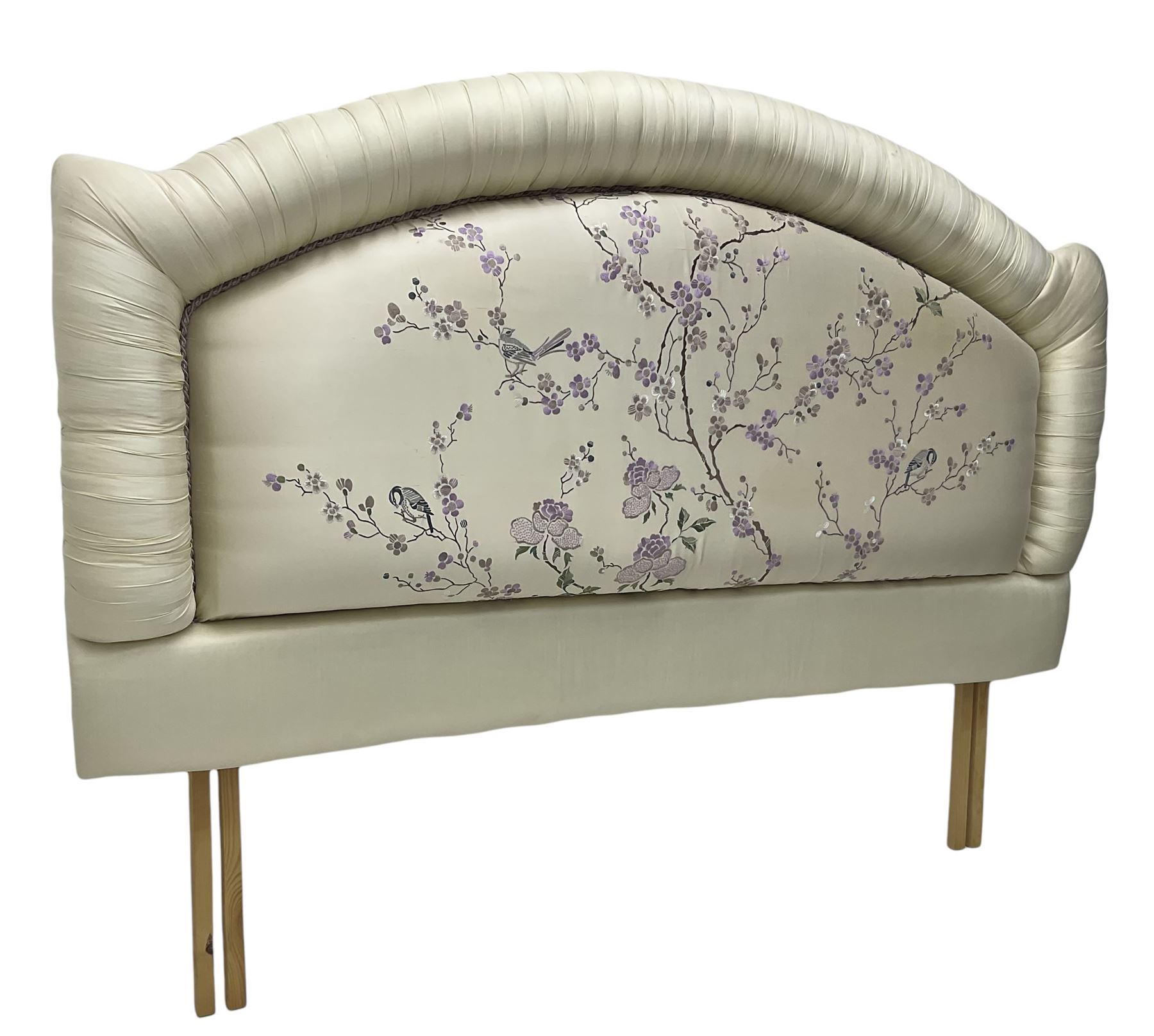5' Kingsize headboard with stepped arch cresting, upholstered in cream silk with raised stitching decorated with trailing foliage branches and birds; matching bedspread (251cm x 218cm); two matching cushions  