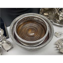 Silver plated four piece tea service, comprising teapot, coffee pot, milk jug and open sucrier, together with a silver plated tray, Community silver plate cutlery, three bottle coasters, cruet set, etc 
