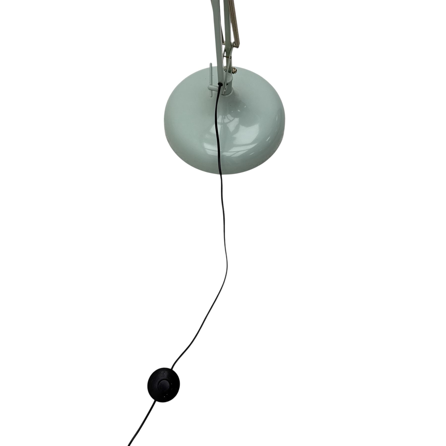 Contemporary Anglepoise-style industrial floor lamp, pale blue painted domed metal shade on adjustable double arm with tension springs, set on a weighted circular base