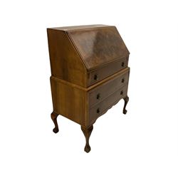 Early 20th century walnut bureau, fall front over three drawers