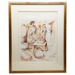 Michel Guyot (French 20th century): Market Scene, watercolour and pastel signed 57cm x 44cm