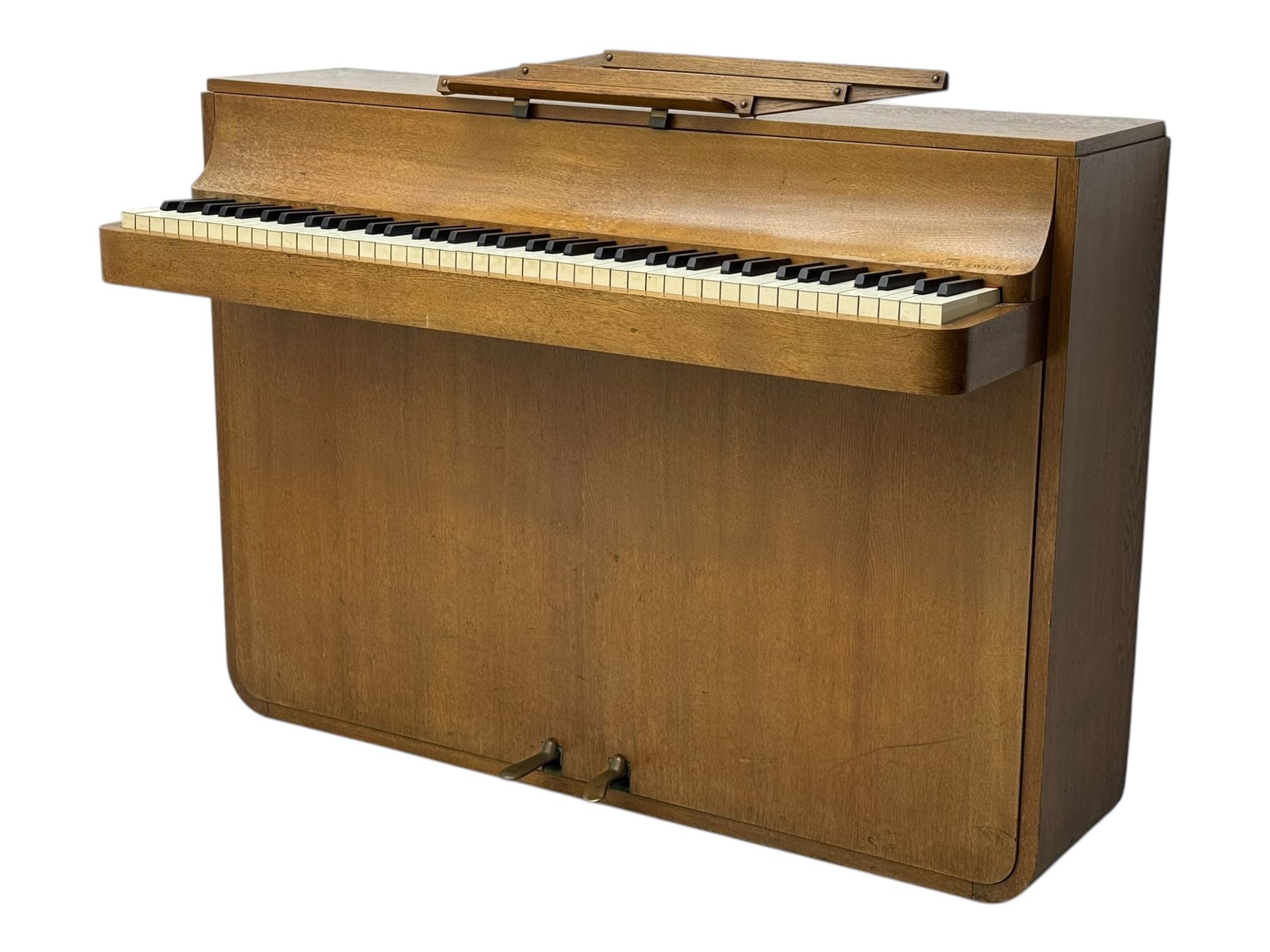 Louis Zwicki - mid-20th century oak cased compact piano, fitted with a folding music rest and full keyboard, dual brass pedals