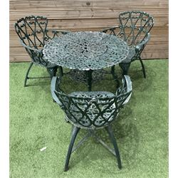 Cast aluminium garden table and three chairs painted in green - THIS LOT IS TO BE COLLECTED BY APPOINTMENT FROM DUGGLEBY STORAGE, GREAT HILL, EASTFIELD, SCARBOROUGH, YO11 3TX