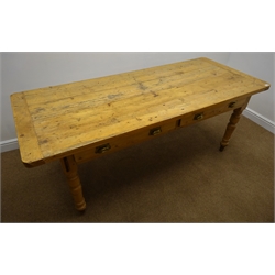  Large rectangular solid pine country kitchen table, two drawers, turned supports, W202cm, H76cm, D86cm  