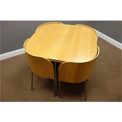  Light oak rounded squared top dining table with four matching nesting chairs, 85cm x 85cm, H74cm  