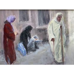 Neil Tyler (British 1945-): 'Alms' Giving, oil on board signed beneath frame lower left, t...