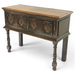 Georgian oak dresser base, plank top above an arrangement of two fielded panel drawers with moulded geometric fronts, on turned front supports and block rear legs