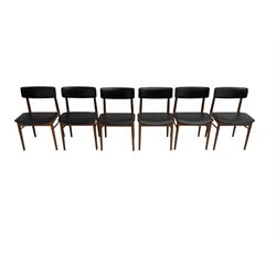 S Chrobat for Sax Mobler - set six mid-20th century Danish teak dining chairs, seat and back rail upholstered in black leatherette, raised on tapering supports