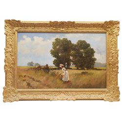 Hungarian School (20th century): Girls picking Flowers in the Meadow, oil on canvas indistinctly signed 43cm x 69cm