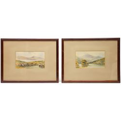 Edward Francis Wells (British 1876-1952): 'Evening Flow - Derwentwater' and 'Ullswater', two etchings with aquatint signed and titled in pencil, stamped with Rembrandt Guild Artists Proof blindstamp; D le Roux (20th century): Mountain Valleys, pair of watercolours signed, together with three other pictures including York-themed etchings max 22cm x 30cm (7)