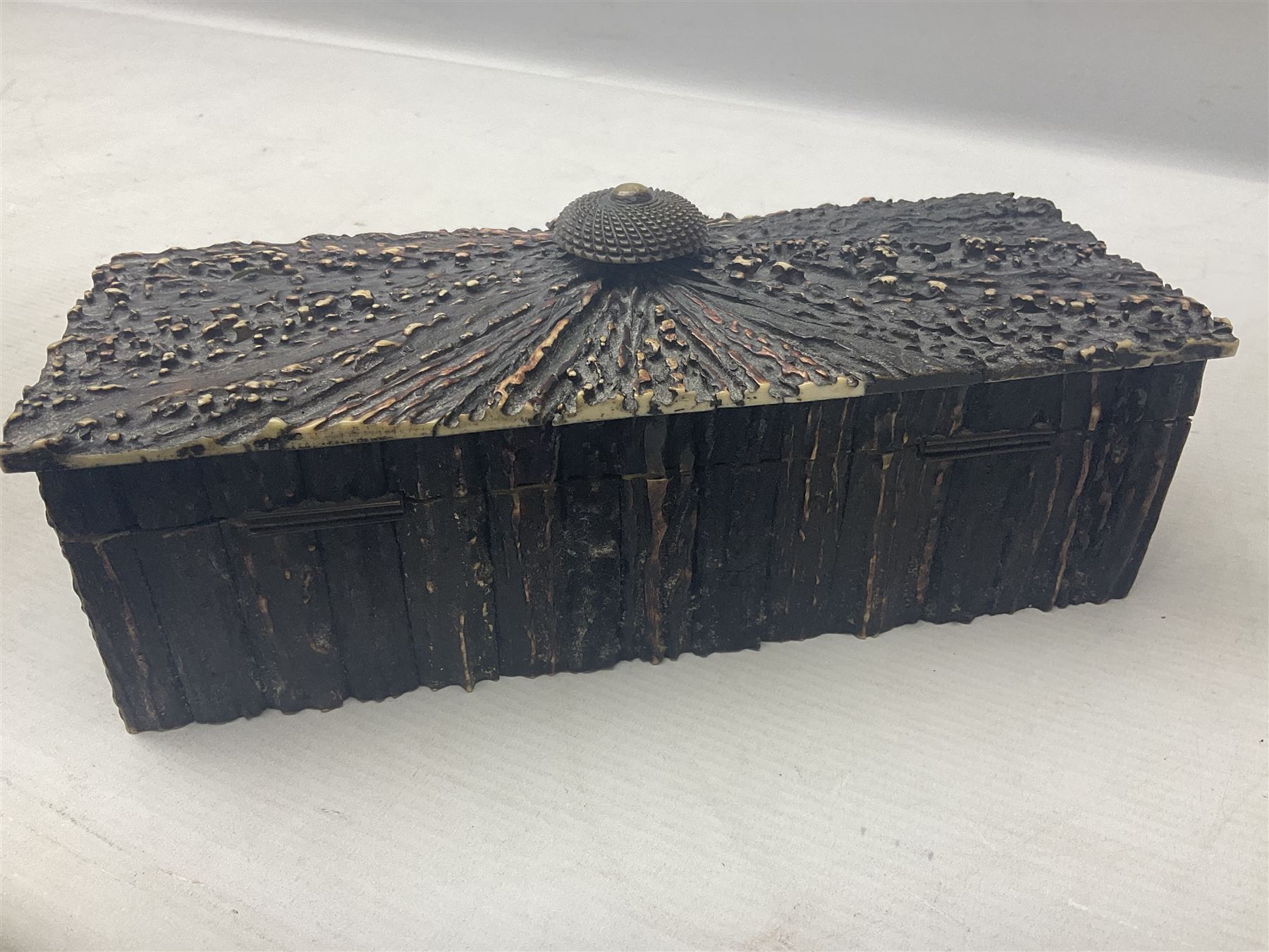 19th century elk horn and cedar wood box, with carved finial, H12cm, L27cm